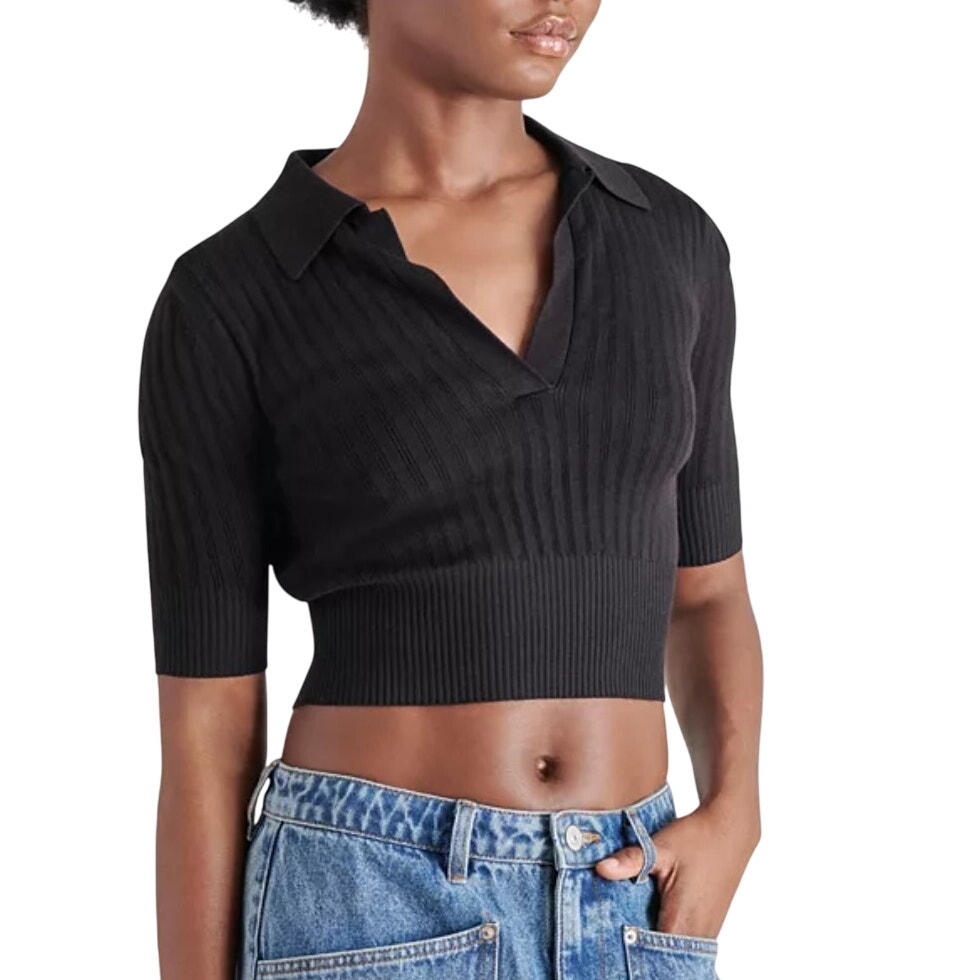Steve Madden S New Womens Charlise Cropped Polo Sweater Black Ribbed